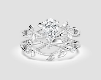 2 Ct Pear-Cut Lab-Grown Diamond Twig Ring Set – Leaf Nature Design Bridal | DEF / VVS1-2 | 14K White Gold | Fuego Jewels