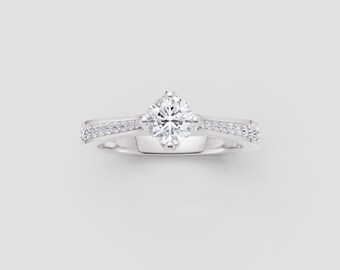 White Gold 0.75ct Moissanite Solitaire Engagement Ring with Pavé Diamond Band – Minimal Bridal Jewelry | Fuego Jewels