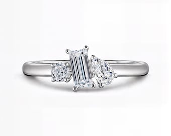 Round, Baguette & Pear Lab-Grown Diamond Ring | IGI Certified | D–E Color / VVS1–2 Clarity| Silver, 10K 14K 18K Gold, Platinum| Fuego Jewels
