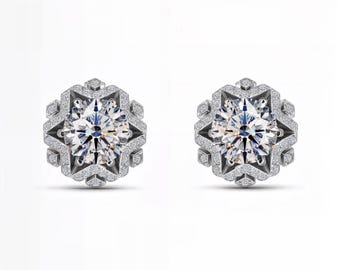 Snowflake Halo Lab-Grown Diamond Stud Earrings | D–E Color / VVS1–2 Clarity | Silver, 10K 14K 18K Yellow White Gold & Platinum| Fuego Jewels