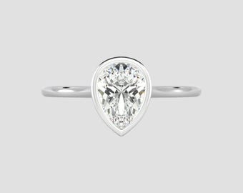 Minimalist Pear Bezel Moissanite Ring 0.75Ct DEF VVS1 | Solid Gold or Silver | Fuego Jewels