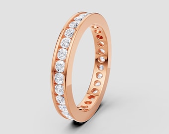 Round Cut Moissanite Channel Set Band | DEF Color VVS1-2 Clarity | 925 Silver, 10K, 14K, 18K, Platinum | Rose Gold Look | Fuego Jewels