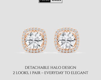 Stud Earrings Lab-Grown Diamond 2-in-1 Halo | E-F Color / VS1–2 Clarity | Rose White Yellow Gold & Platinum | Fuego Jewels