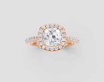 Cushion Halo Moissanite Ring with Pavé Band – Rose Gold Engagement Ring 1ct DEF VVS1 | Fuego Jewels