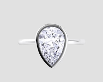 1.75 Ct Pear Moissanite Bezel Solitaire Ring DEF VVS1 | Minimalist Pear Engagement Ring in Silver, Gold, Platinum | Fuego Jewels