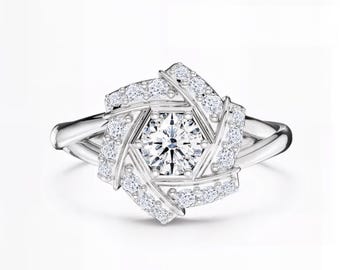 Floral Lab Diamond Engagement Ring | Round Center with Petal Halo | E-F VS1-2 Clarity | Silver, Gold, Platinum | Fuego Jewels
