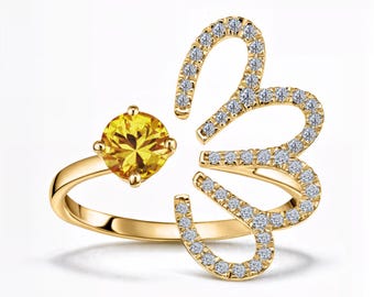 Nature-Inspired Butterfly Yellow Sapphire & Lab-Grown Diamond Ring in 14K 18K Yellow Gold | E-F Color / VS1-2 Clarity | Fuego Jewels