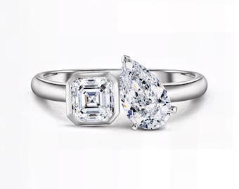 Pear & Asscher Lab Diamond Ring IGI Certified | 2.00 Ct Total | E-F VS1–2 Clarity | Two Stone Design in Silver, Gold,Platinum | Fuego Jewels