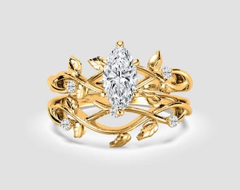 Marquise-Cut Vine Engagement & Wedding Ring Set | Botanical Lab-Grown Diamond Bridal Set | DEF Color / VS1-2 Clarity | IGI Certified