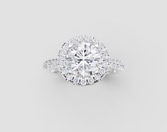 Halo White Gold Moissanite Ring 1 Carat Round with Pavé Diamonds | Fuego Jewels
