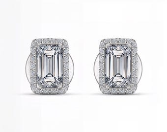 Emerald Cut Lab-Grown Diamond Halo Stud Earrings | D–E Color / VVS1–2 Clarity | Silver, 10K, 14K, 18K Gold, Platinum | Fuego Jewels