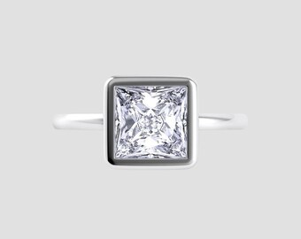 Princess Cut Moissanite Solitaire Ring 0.75 Ct VVS1 DEF | Minimalist Bezel Set Engagement Ring | Fuego Jewels