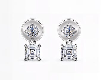 Round & Asscher Lab-Grown Diamond Drop Stud Earrings | D–E Color / VVS1–2 Clarity | Silver, 10K 14K 18K Gold Platinum | Fuego Jewels