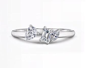 Emerald Pear Marquise Lab Diamond Ring | Open Three Stone Band | E-F VS1-2 Clarity | Silver, Gold, Platinum | Fuego Jewels