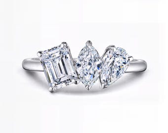 Emerald Marquise Pear Lab Diamond Ring | IGI Certified Three Stone Engagement | E–F VS1–2 | Silver, Gold, Platinum | Fuego Jewels