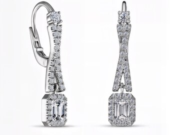 Emerald Cut Halo Lab Diamond Earrings | DEF VVS1-2 Brilliance | Elegant Drop Earrings | Custom Silver, Gold & Platinum | Fuego Jewels