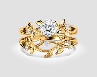 Vintage Leaf Bridal Ring Set | 1ct Portuguese Lab Diamond | Yellow Gold DEF/VVS1-2 | Fuego Jewels