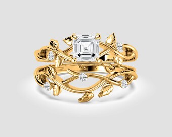2 Ct Asscher-Cut Lab-Grown Diamond Twig Ring Set – Nature Leaf Design Bridal | DEF / VVS1-2 | 14K Rose Gold | Fuego Jewels