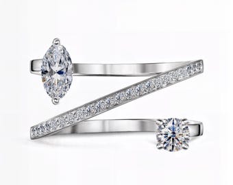 Twist Bypass Two-Stone Lab Diamond Ring | Round & Marquise | E-F VS1-2 | Silver, Gold, Platinum | Fuego Jewels