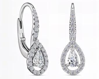 Teardrop Lab-Grown Diamond Earrings | Pear Cut Halo Dangle with Lever-Back Lock | Custom in Silver, Gold & Platinum | Fuego Jewels