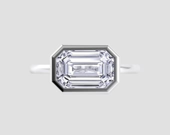 1.50 Ct Emerald-Cut East West Moissanite Bezel Solitaire Ring | D–F Color / VVS1 Clarity | Fuego Jewels