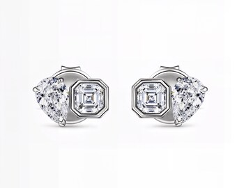 Asscher Pear Stud Earrings Lab-Grown Diamond | D–E Color / VVS1–2 Clarity | Silver, 10K 14K 18K Gold, Platinum | Fuego Jewels
