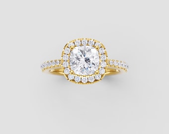 1ct Cushion Halo Moissanite Engagement Ring | 14K Yellow Gold | DEF VVS1 GRA Certified | Fuego Jewels