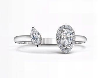 Marquise & Pear Halo Lab Diamond Ring | Open Two-Stone Statement Ring | E-F VS1-2 | Silver, Gold, Platinum | Fuego Jewels