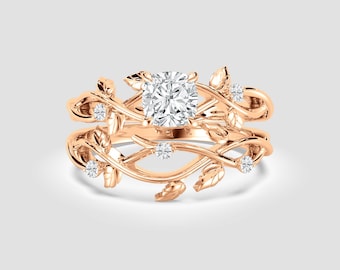 Rose Gold Vine Lab Diamond Ring Set | Round Cut DEF VS1-2 | Nature Inspired Bridal Rings | Fuego Jewels
