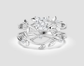 2 Ct Princess-Cut Lab-Grown Diamond Twig Ring Set – Nature Leaf Design Bridal | DEF / VVS1-2 | 14K White Gold | Fuego Jewels
