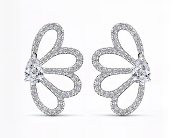 Nature Inspired Lab Diamond Earrings | Pear Cut Studs with Floral Petal Design | 14K 18K White Gold & Platinum | Fuego Jewels