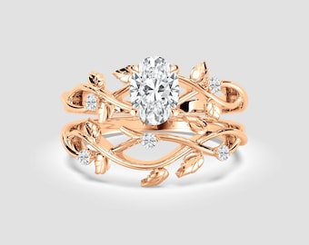 2 Ct Oval Lab-Grown Diamond Twig Ring Set – Nature Leaf Branch Bridal | IGI Certified | 14K Rose Gold | Fuego Jewels