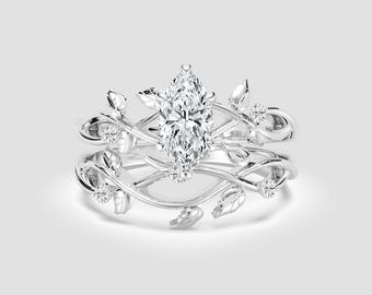 Marquise-Cut Vine Engagement & Wedding Ring Set | Botanical Lab-Grown Diamond Bridal Set | DEF Color / VS1-2 Clarity | IGI Certified