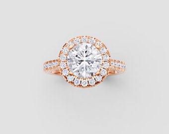 1ct Round Moissanite Halo Engagement Ring | 14K Rose Gold Pavé Band | DEF VVS1 GRA Certified | Fuego Jewels