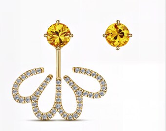Nature Inspired Earrings | Round Yellow Lab Sapphire & Lab-Grown Diamond | Floral Statement Jewelry | 14K 18K Yellow Gold | Fuego Jewels