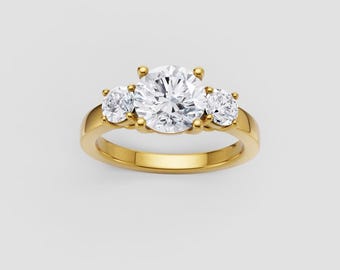 Three Stone Moissanite Ring | 1ct Round GRA Certified | DEF / VVS1 | Yellow Gold Trio Setting | Fuego Jewels