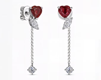 Heart-Shaped Ruby and Lab-Grown Diamond Dangle Earrings | DEF Color VVS1-2 Clarity | Stud Post Back | Fuego Jewels