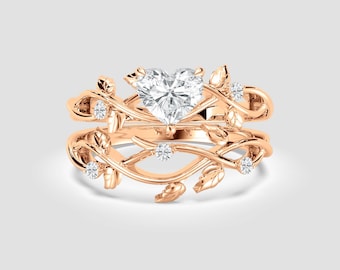 2 Ct Heart-Cut Lab-Grown Diamond Twig Ring Set – Exclusive Leaf Bridal Design | DEF / VVS1-2 | Rose Gold | Fuego Jewels