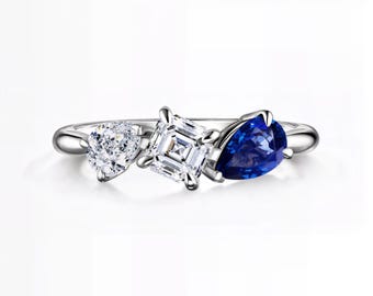 Sapphire, Asscher & Pear Lab Diamond Ring | Three-Stone Modern Design | E–F VS1–2 Clarity | Silver, Gold, Platinum | Fuego Jewels