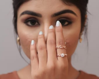 Twig Engagement Ring Set | Nature-Inspired Moissanite Celtic Leaf Wedding Set | Unique Branch Design | GRA Certified | Fuego Jewels