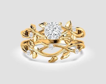 Yellow Gold Vine Lab Diamond Ring Set | Round Cut DEF VS1-2 | Nature Inspired Bridal Rings | Fuego Jewels