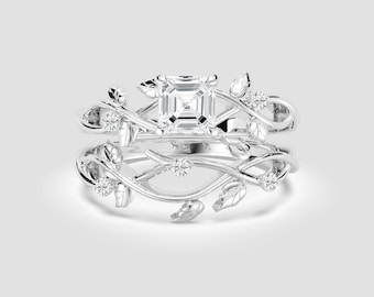 2 Ct Asscher-Cut Lab-Grown Diamond Twig Ring Set – Nature Leaf Design Bridal | DEF / VVS1-2 | 14K White Gold | Fuego Jewels
