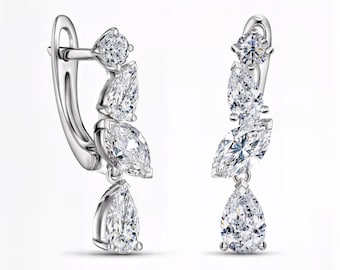Pear Marquise Round Cut Lab-Grown Diamond Dangle Earrings DEF VVS1-2 | Lever Back Lock | Custom Silver Gold Platinum | Fuego Jewels