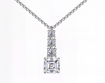 Asscher Cut Lab-Grown Diamond Necklace Pendant with Round Drop Accents | E-F Color / VS1–2 Clarity | Silver, Gold, Platinum | Fuego Jewels