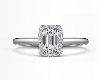 Emerald Cut Lab Diamond Halo Ring | 1.00 Ct IGI Certified | E-F Color / VS1–2 | Silver, Gold, Platinum | Fuego Jewels