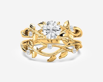 Twig Engagement Ring Set | Nature-Inspired Lab-Grown Diamond Celtic Leaf Wedding Set | Unique Branch Design | IGI Certified | Fuego Jewels