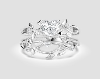 2 Ct Heart-Cut Lab-Grown Diamond Twig Ring Set – Exclusive Leaf Bridal Design | DEF / VVS1-2 | White Gold | Fuego Jewels