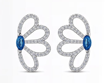 Nature Inspired Earrings | Marquise Blue Sapphire & Lab-Grown Diamond | Floral Statement Jewelry| 14K 18K White Gold Platinum | Fuego Jewels