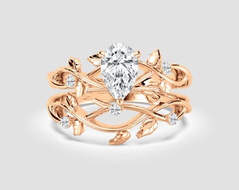 2 Ct Pear-Cut Lab-Grown Diamond Twig Ring Set – Leaf Nature Design Bridal | DEF / VVS1-2 | 14K Rose Gold | Fuego Jewels