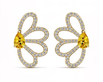 Nature Inspired Earrings | Pear Yellow Lab Sapphire & Lab-Grown Diamond | Floral Statement Jewelry | 14K 18K Yellow Gold | Fuego Jewels